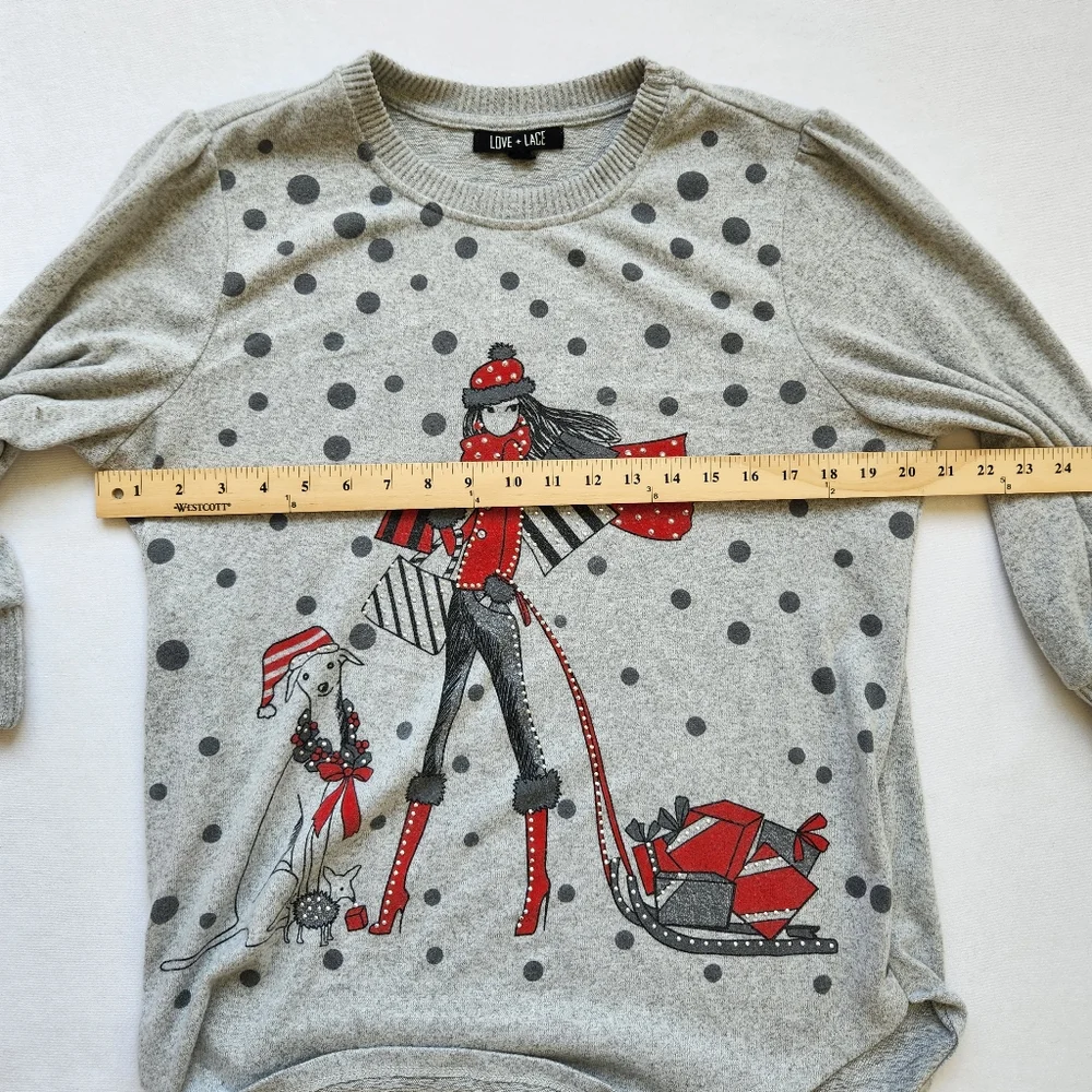 Holiday Sweater Girl & Dog Polka Dots Gray Studs Studded Whimsical Glam - Picture 13 of 16